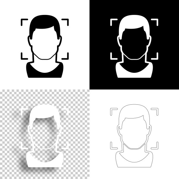 人脸识别。图标设计。空白，白色和黑色背景-线图标图片下载