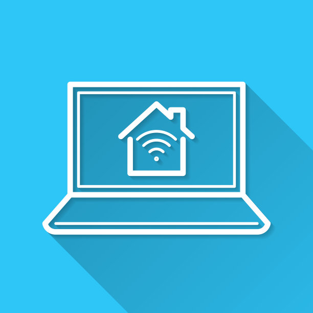 带智能家居的笔记本电脑。图标在蓝色背景-平面设计与长阴影图片下载