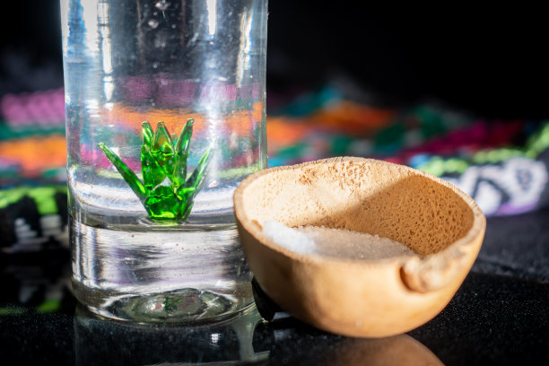 工作室里的一张龙舌兰酒的照片，里面装饰着马圭酒和红色的边缘，旁边是一个盛着盐的碗和一块手工刺绣的墨西哥布。黑色背景图片下载