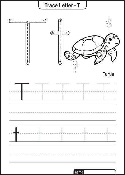 字母跟踪字母A到Z学龄前工作表与字母T龟亲矢量图片下载