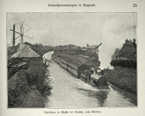 蒸汽火车在洪水中行驶，温莎附近，19世纪90年代，维多利亚运输历史图片下载