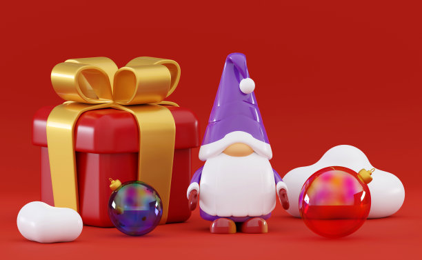 3d圣诞侏儒在帽子与胡子圣诞礼盒和玻璃雪花图片下载