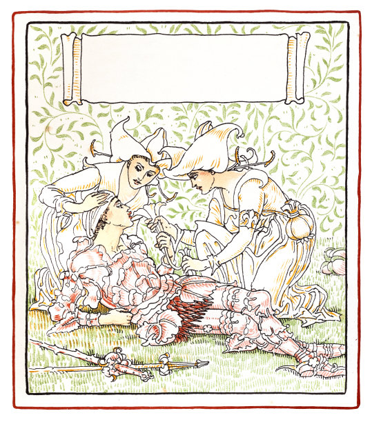 两位女性帮助受伤的中世纪骑士，新艺术设计书籍插画，1899年图片下载