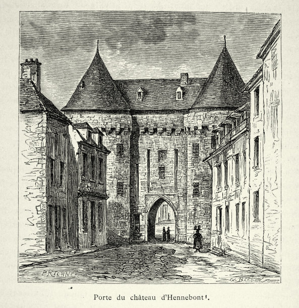 中世纪建筑，亨尼邦城堡的大门，法国19世纪图片下载