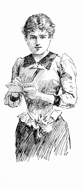 年轻女子站着写日记，正面，白色背景图片下载