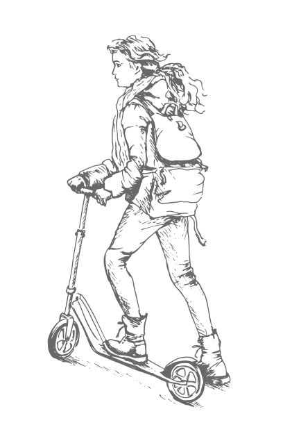 十几岁的女孩骑着滑板车。向量图片下载