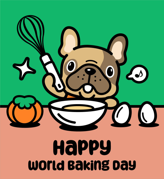 可爱的法国斗牛犬拿着打蛋器，享受烘焙图片下载