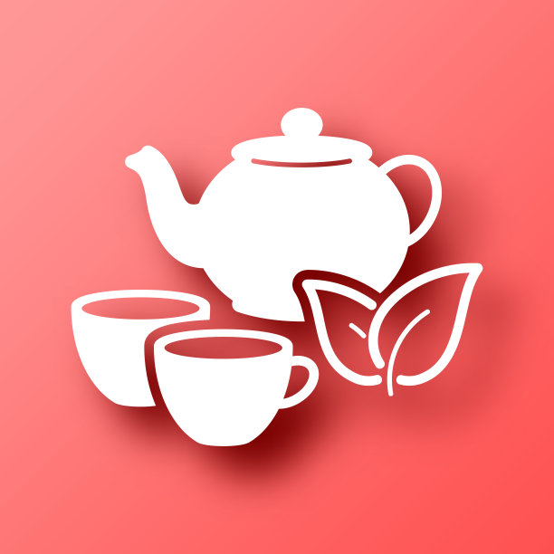 茶壶和杯子。图标在红色背景与阴影图片下载