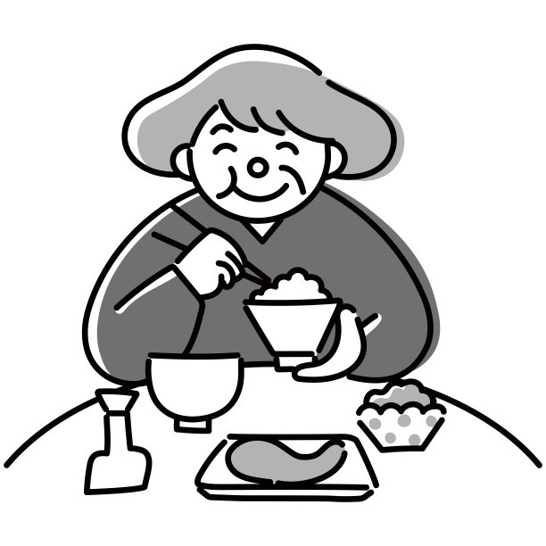 单色插图，老妇人微笑着吃饭图片下载