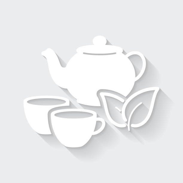 茶壶和杯子。图标与空白背景上的长阴影-平面设计图片下载