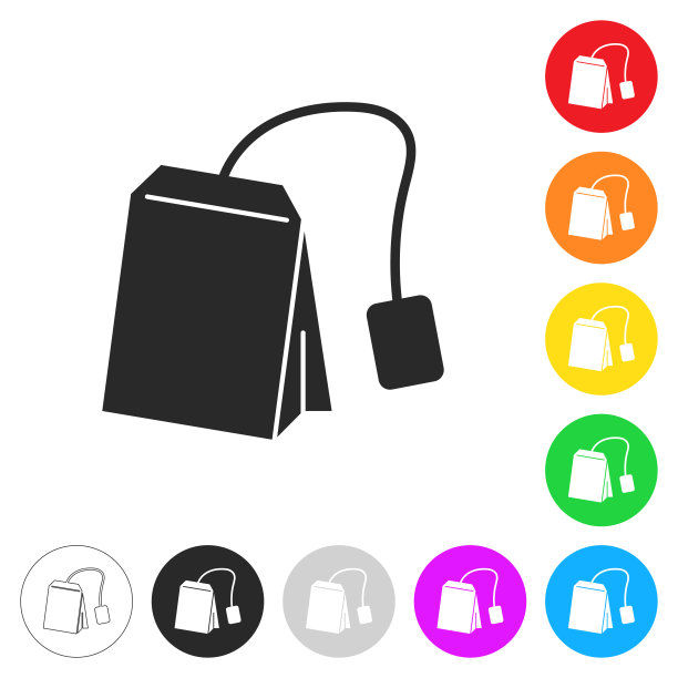 茶叶袋。按钮上不同颜色的平面图标图片下载