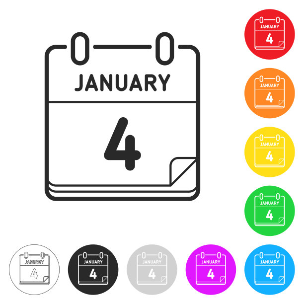 1月4日。按钮上不同颜色的平面图标图片下载