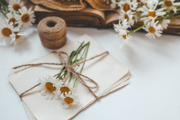 复古风格的信，雏菊和一顶帽子，夏天的平躺图片下载