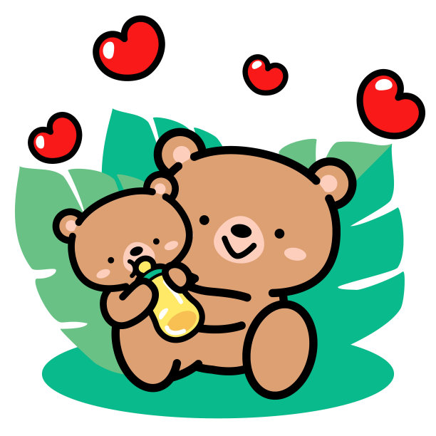 可爱的熊宝宝拿着自己的奶瓶，熊妈妈拥抱着它，这是它的喂食时间图片下载