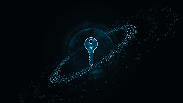 蓝色安全密钥标志与粒子环旋转和地球与人工智能技术图标未来的抽象背景网络防火墙技术和数据安全的概念图片下载