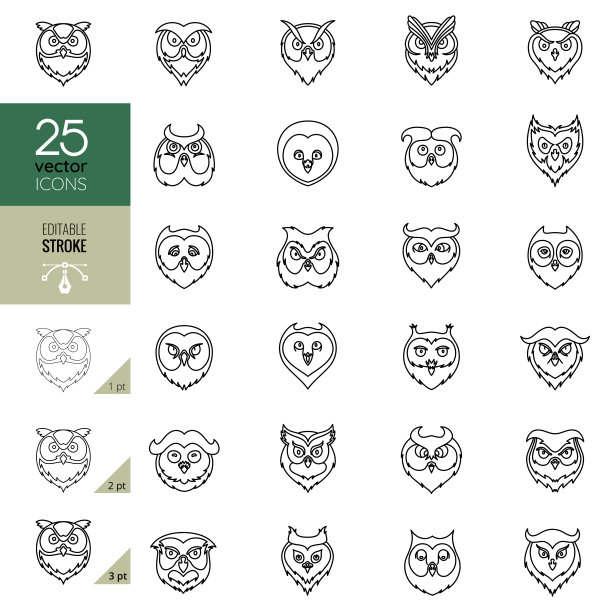 猫头鹰线图标集。可编辑的中风。图片下载