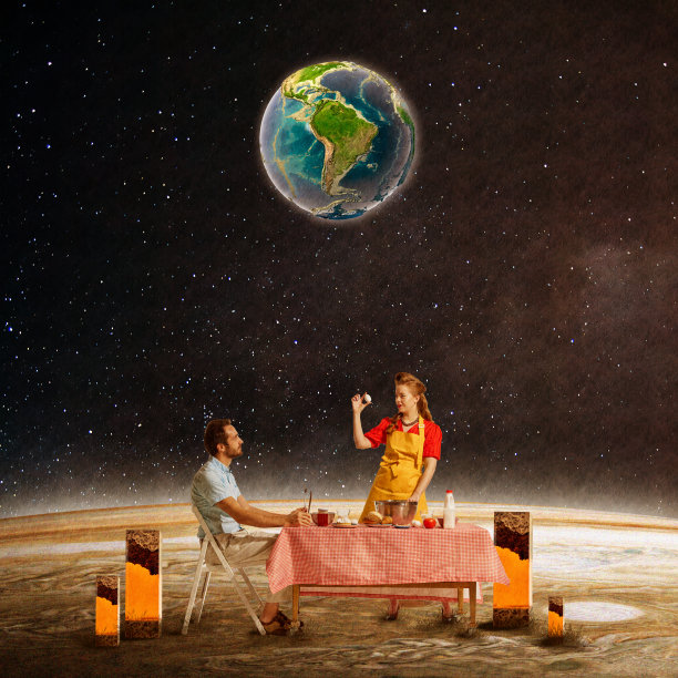 年轻的家庭，夫妇，男人和女人在地球上的行星元素在天空中吃早餐。当代艺术拼贴。图片下载