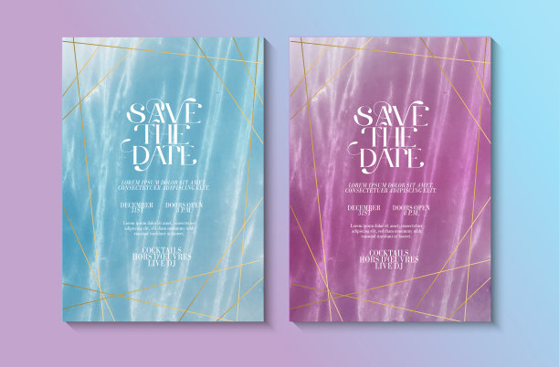 婚礼邀请设计模板集与保存日期排版设计大理石纹理与黄金线艺术图片下载