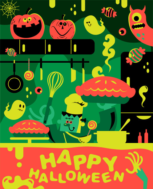 万圣节前夕，弗兰肯斯坦在餐厅或厨房里拿着南瓜派和打蛋器图片下载