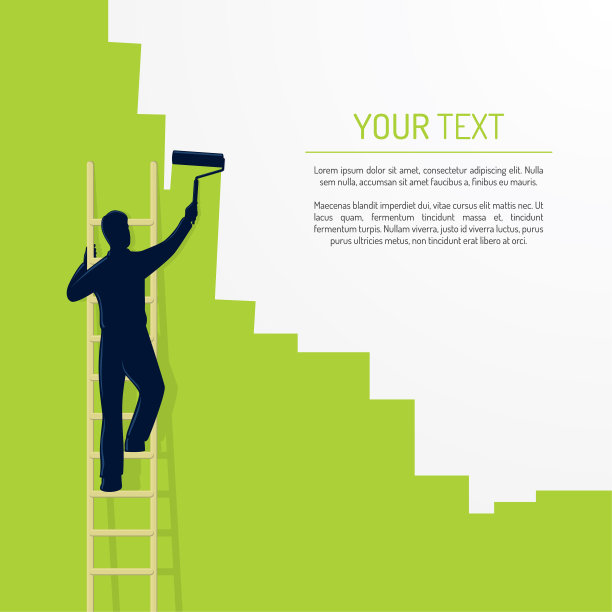 男人在梯子上画绿色的墙，有文字的复制空间图片下载