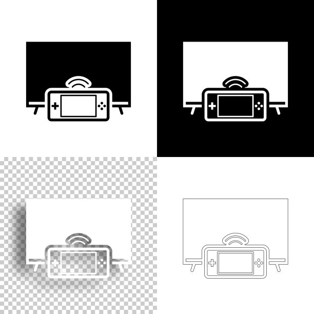 带有掌上游戏机的电视。图标设计。空白，白色和黑色背景-线图标图片下载