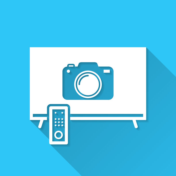 带摄像机的电视。图标在蓝色背景-平面设计与长阴影图片下载
