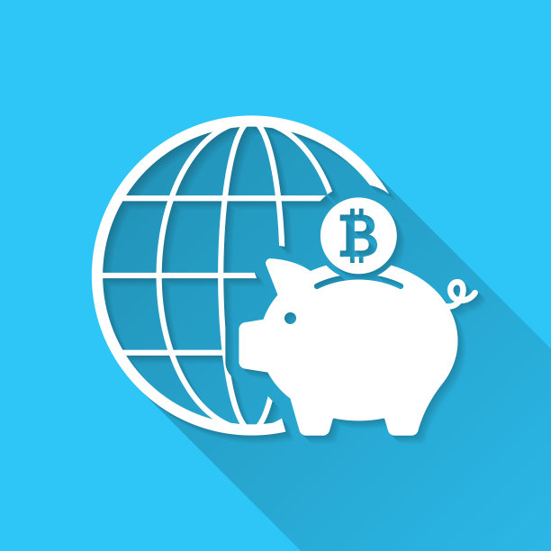 全球比特币储蓄。图标在蓝色背景-平面设计与长阴影图片下载