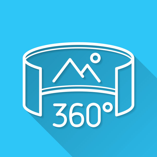 360度视图-虚拟现实。图标在蓝色背景-平面设计与长阴影图片下载