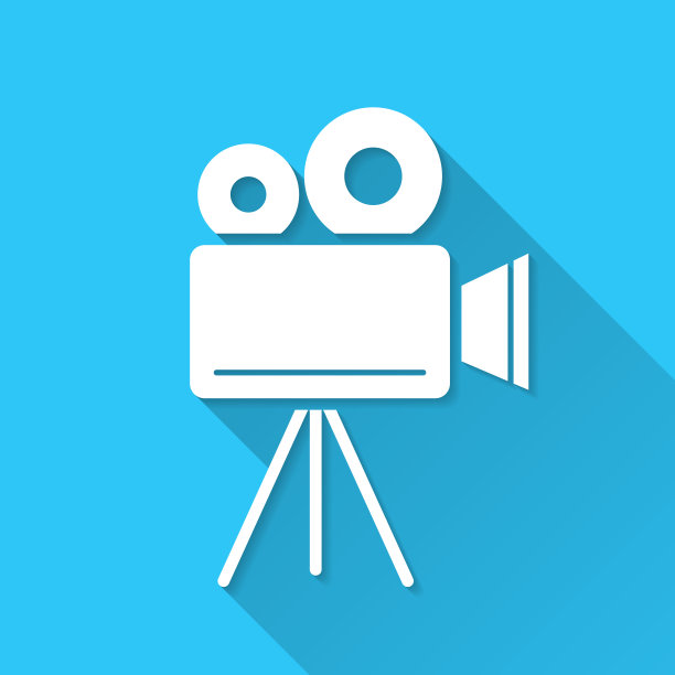 带三脚架的电影摄影机。图标在蓝色背景-平面设计与长阴影图片下载