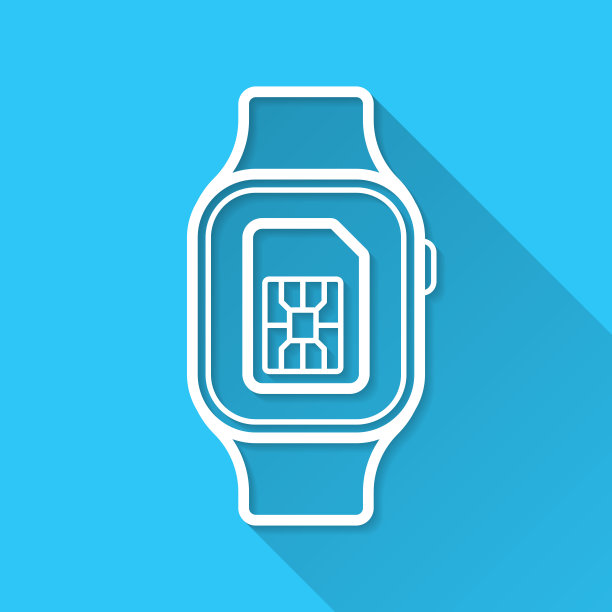 带SIM卡的智能手表。图标在蓝色背景-平面设计与长阴影图片下载