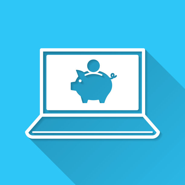 带存钱罐的笔记本电脑。图标在蓝色背景-平面设计与长阴影图片下载