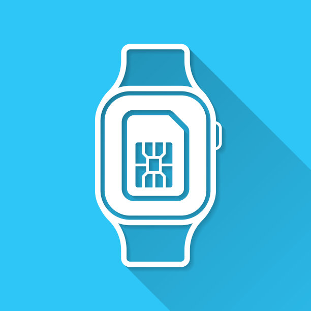 带SIM卡的智能手表。图标在蓝色背景-平面设计与长阴影图片下载