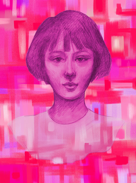 插图粉彩画肖像的一个女孩深色头发复古风格的发型在裙子与圆形白色蕾丝衣领装饰抽象背景紫色和粉红色的颜色图片下载