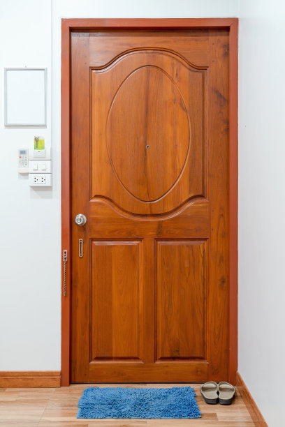 蓝色门垫和鞋履与关闭的门图片下载