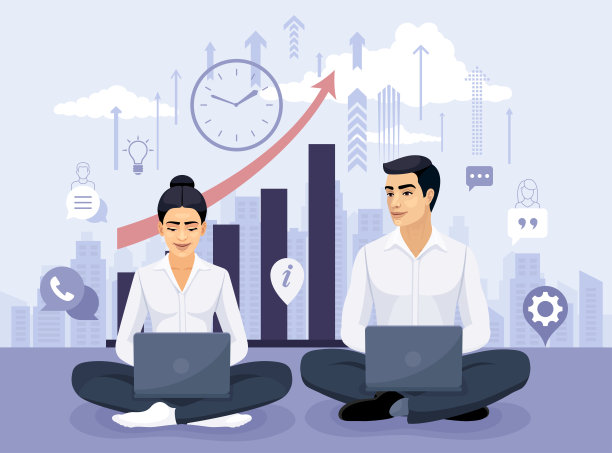 专注概念冥想。女商人和在笔记本电脑上工作的商人。图片下载