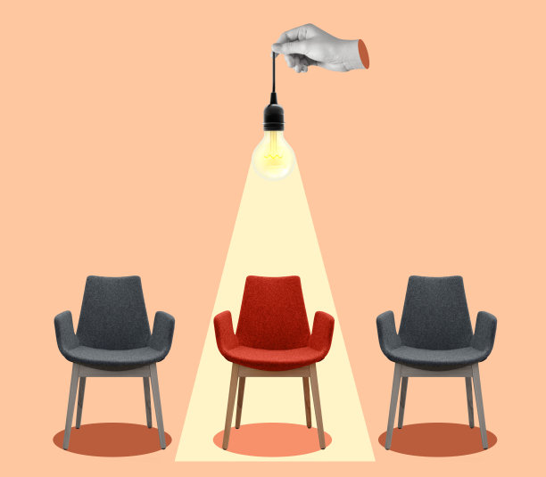 一个灯泡的当代艺术拼贴画在办公椅上闪闪发光。图片下载