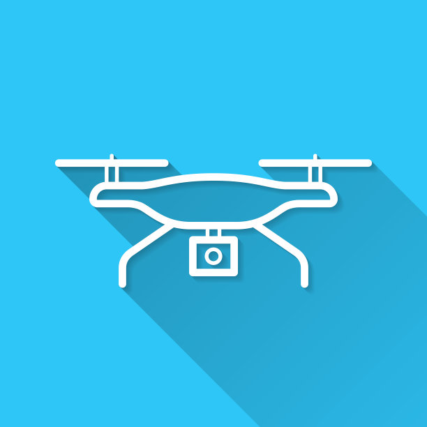 带摄像头的无人机。图标在蓝色背景-平面设计与长阴影图片下载