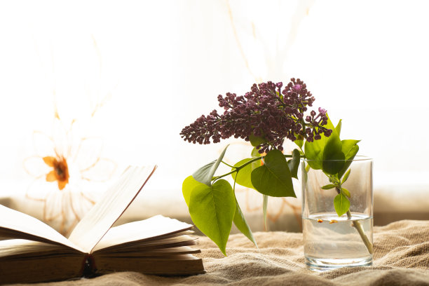 一杯水里放着紫丁香，桌上放着一本打开的旧书图片下载