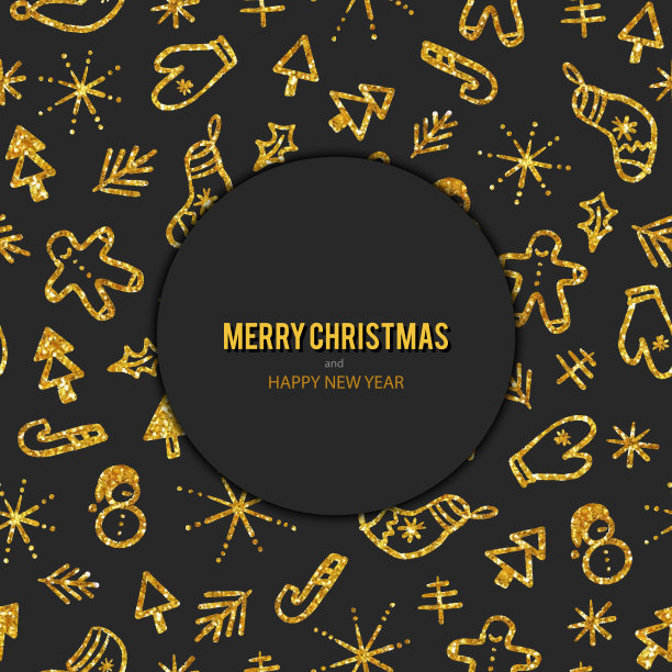 采购产品圣诞贺卡与金色的手绘松树，树叶，饼干，雪人，手套，糖果和雪花。圣诞节和新年贺卡背景模板，圣诞礼物包装纸。图片下载