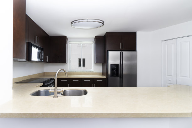 当代公寓建筑在城市景观中，展示现代建筑设计与发展。室内设计拍摄厨房和台面图片下载