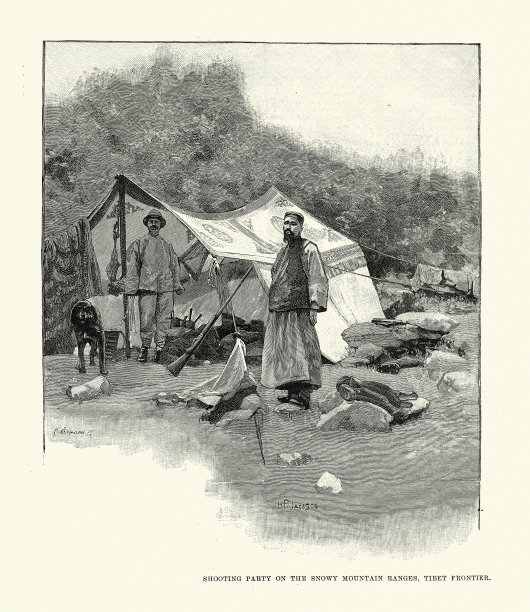 19世纪90年代，中国西藏边陲雪山上的射击派对图片下载