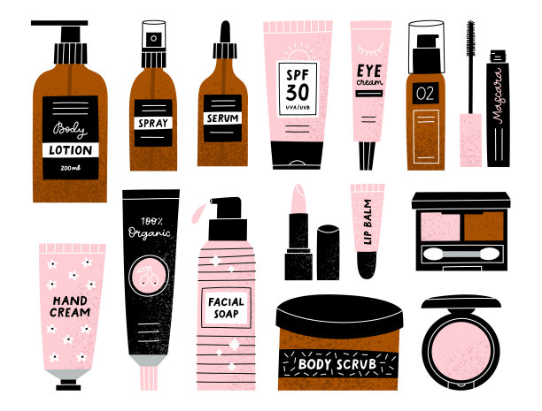 各种面部及身体护理化妆品套装。装在瓶子、管子和罐子里的化妆品。图片下载