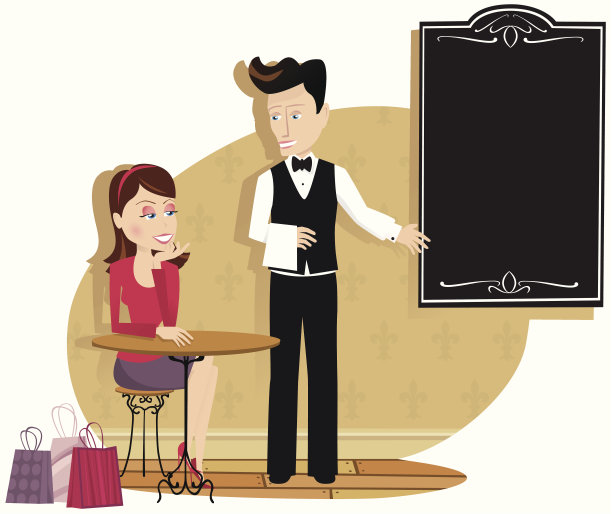 咖啡厅里的女孩和服务生图片下载