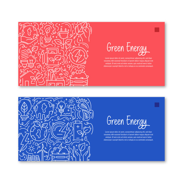 绿色能源相关的物体和元素。手绘矢量涂鸦插图集合。横幅模板与不同的绿色能源对象图片下载