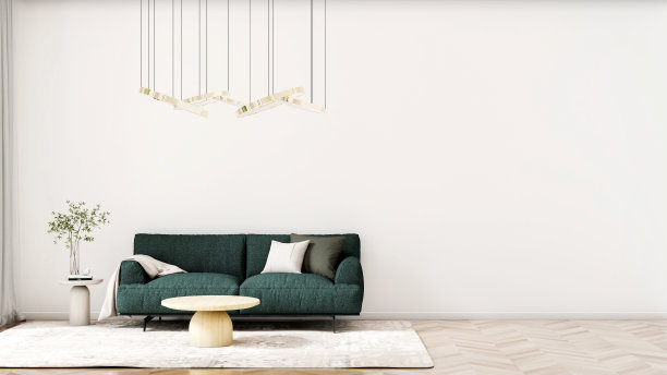 现代舒适舒适和时尚的客厅与现代家具和时尚的装饰沙发枕头，咖啡桌，地毯，灯，和木制拼花地板。三维渲染图片下载