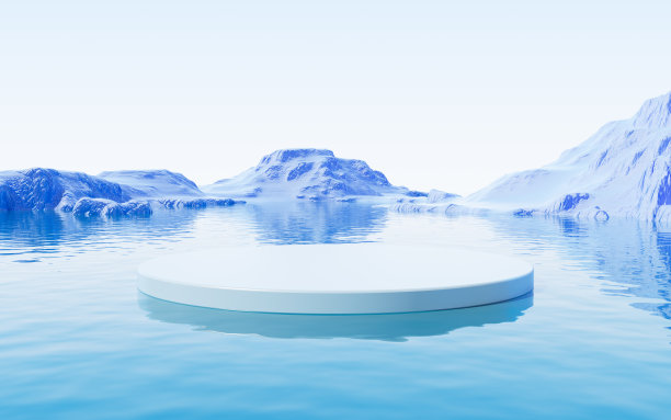 空舞台与水面和山的背景，3d渲染。图片下载