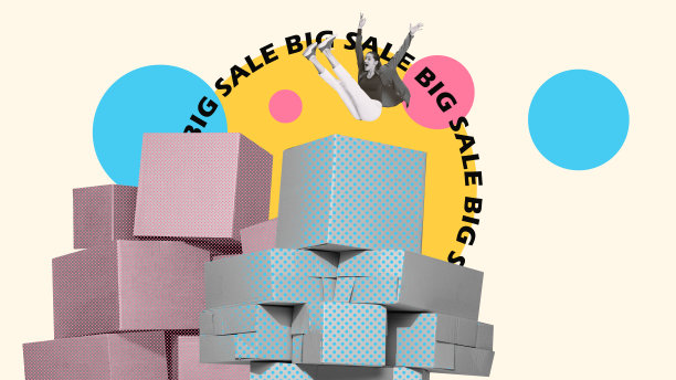 年轻女子兴高采烈地跳进许多盒子里。物美价廉，大减价，免费送货。当代艺术拼贴。图片下载