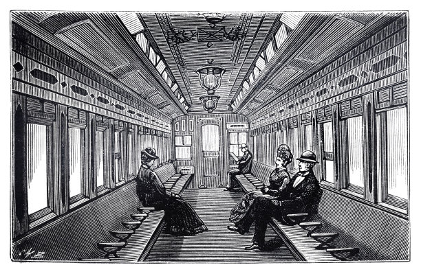 1880年，纽约曼哈顿高架车厢内的乘客图片下载
