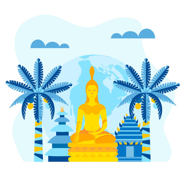 佛塔附近有佛像和热带棕榈树。泰国山水，旅游理念图片下载