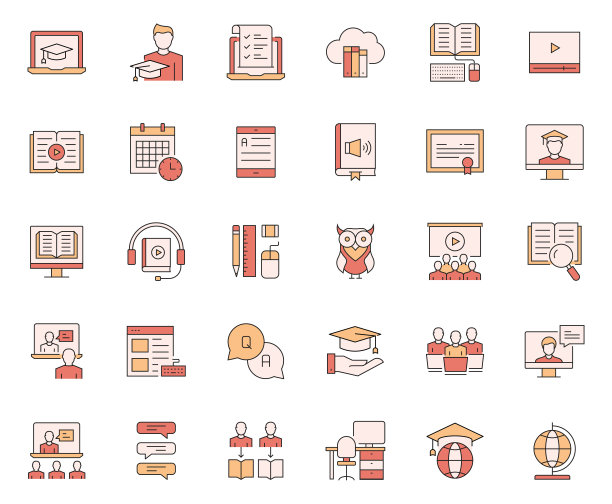 简单的一组在线教育相关的矢量线图标。大纲符号集合。图片下载